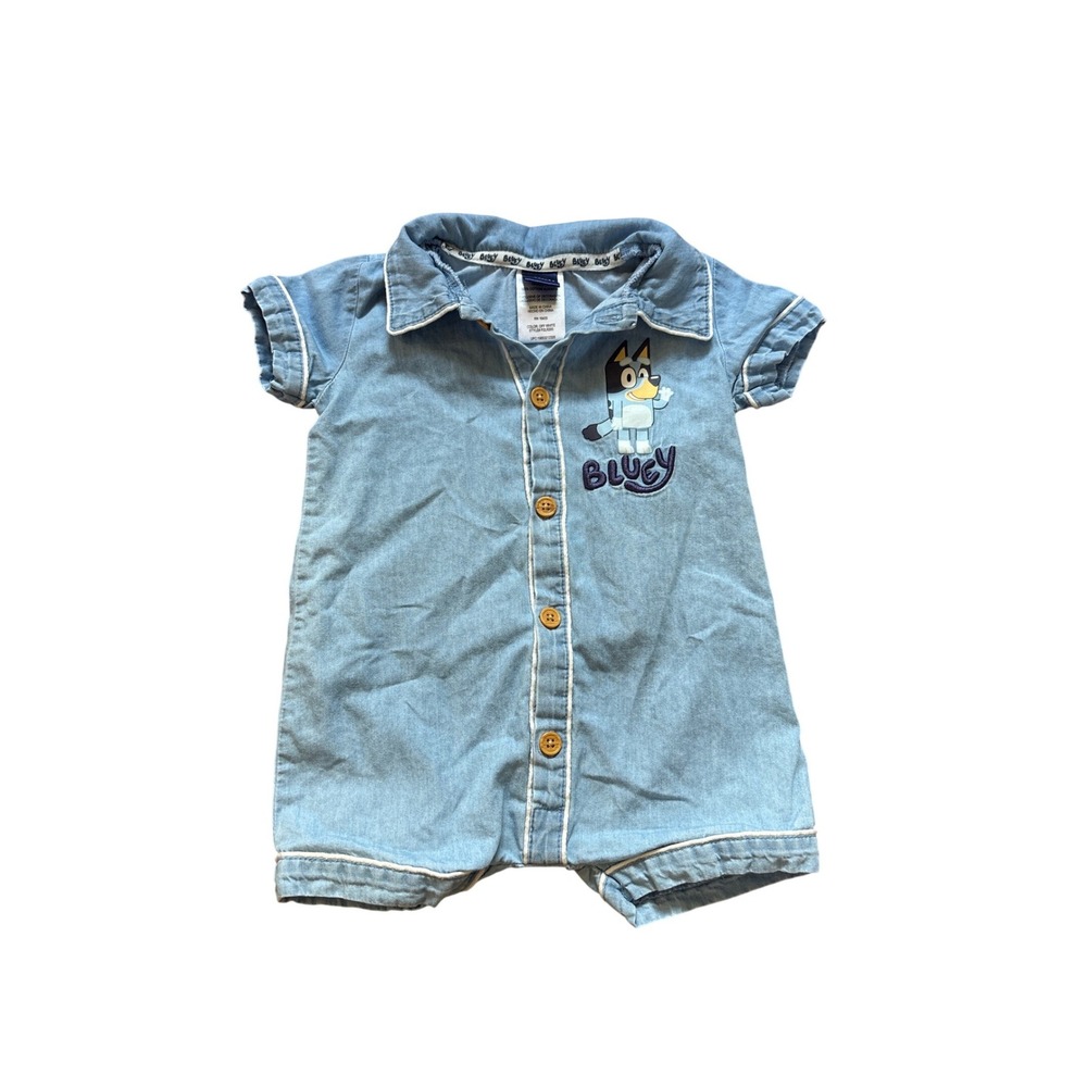 Bluey‎ Romper Baby Blue Denim Look Button Front Graphic One Piece SIZE 6/9M